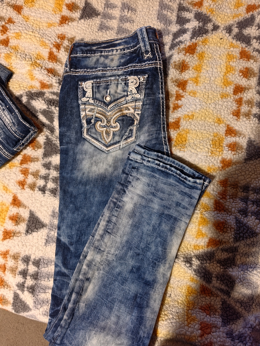 Rock Revival Distressed Boot Cut Jeans with Embroidered Pocket 31x34